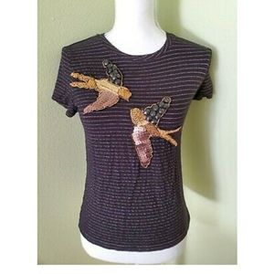 Mango small  Black short sleeve T stripes 2 birds